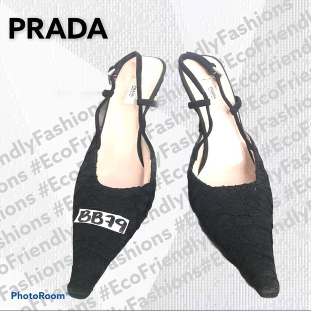 Prada Black Flower Lace Slingback Pumps Lux0** - Picture 9 of 12